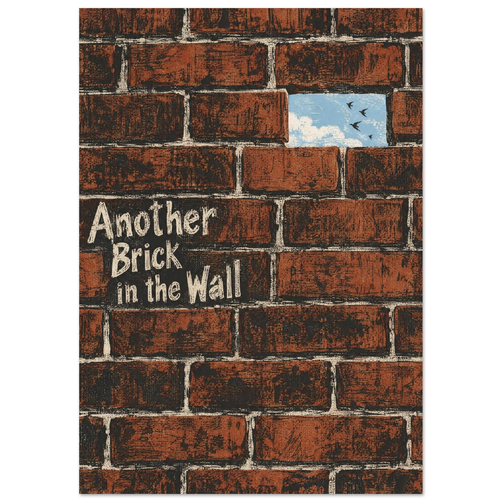 Rust-red brick wall with cream Another Brick in the Wall lettering and a gap revealing blue sky and flying birds.