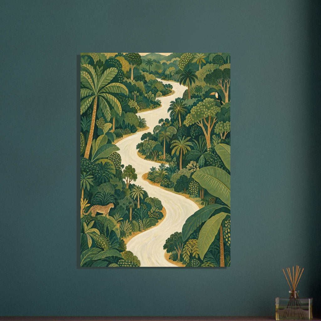 Cream river winding through dense green jungle with palms, broad leaves, a toucan and a spotted wild cat.