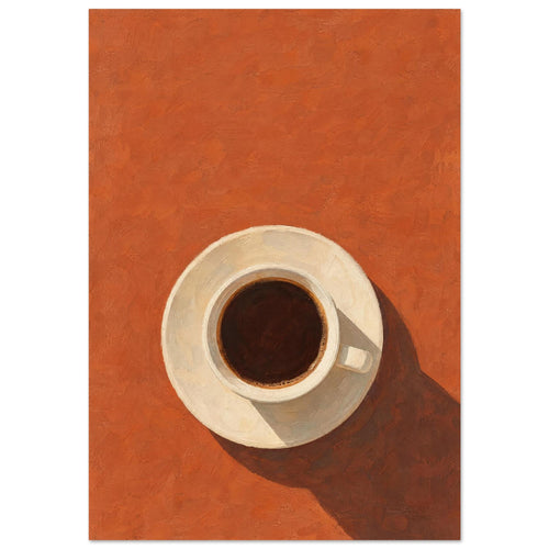 Cream cup filled with dark coffee on a saucer, viewed from above against terracotta orange with a long brown shadow.