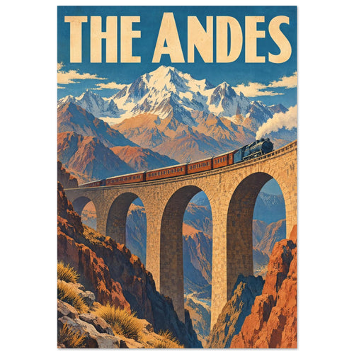 Steam train crossing a tall stone viaduct amid snowy mountains and orange cliffs, beneath large ‘THE ANDES’ lettering.