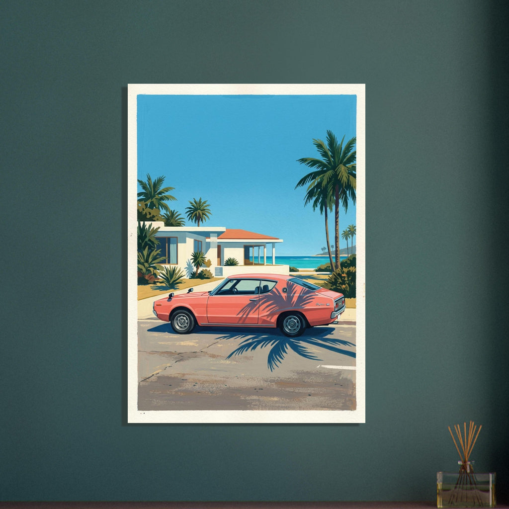 Coral-pink coupé parked beside a coastal house, with palm trees, blue sky, turquoise sea and long palm shadows.
