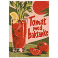 Tomato drink with lemon and celery beside whole and sliced tomatoes, with red ‘Tomat med baktanke’ lettering.