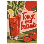 Tomato drink with lemon and celery beside whole and sliced tomatoes, with red ‘Tomat med baktanke’ lettering.