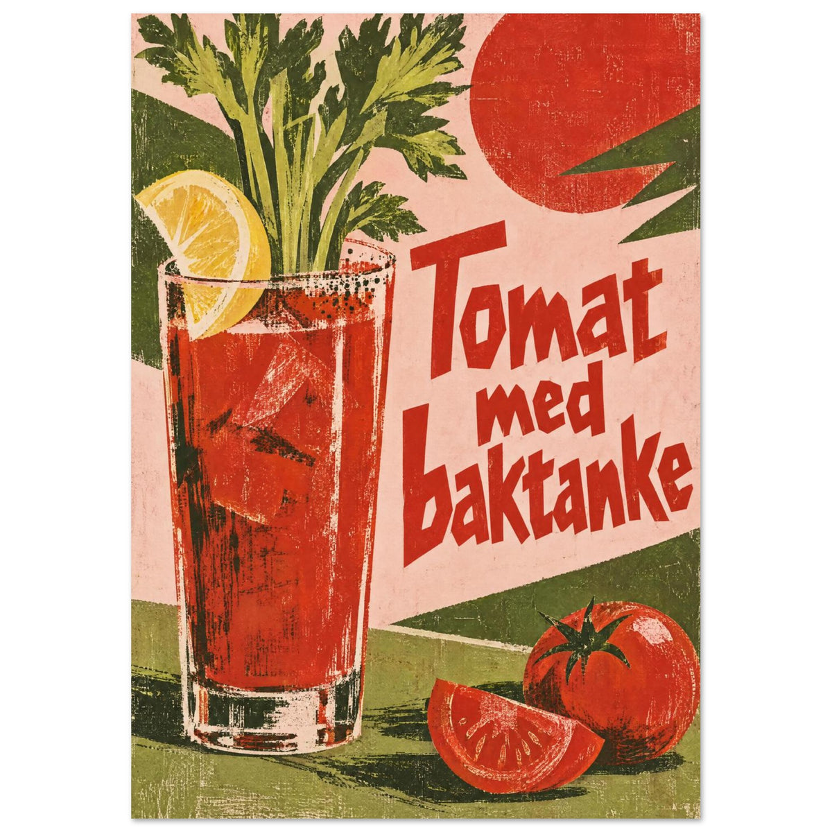 Tomato drink with lemon and celery beside whole and sliced tomatoes, with red ‘Tomat med baktanke’ lettering.