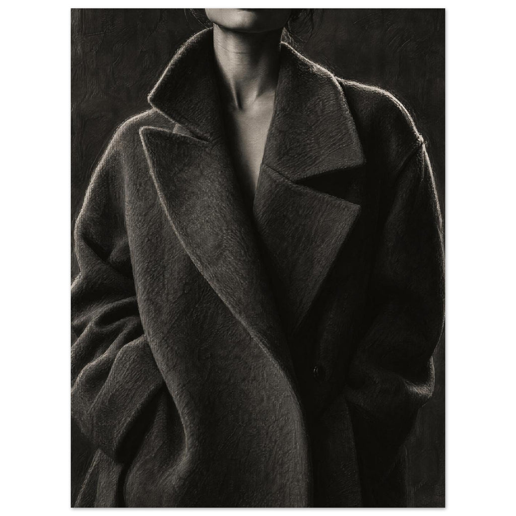 The Oversized Lapel, a chin-to-hip photograph of a model in a wool coat with a brightly outlined shoulder against charcoal sh