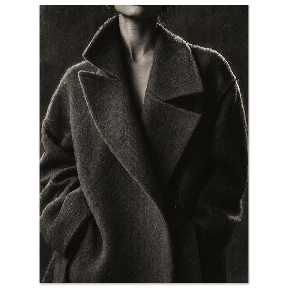 The Oversized Lapel, a chin-to-hip photograph of a model in a wool coat with a brightly outlined shoulder against charcoal sh