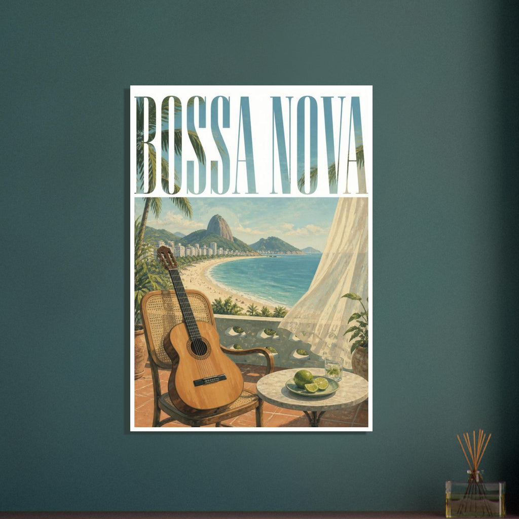 Bossa Nova lettering above a coastal balcony with a guitar, woven chair, limes on a table and a beach beyond.