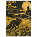 Wolf in black and yellow grass beneath “Hungry Like the Wolf” text, with a winding path leading to a pear on a pedestal.