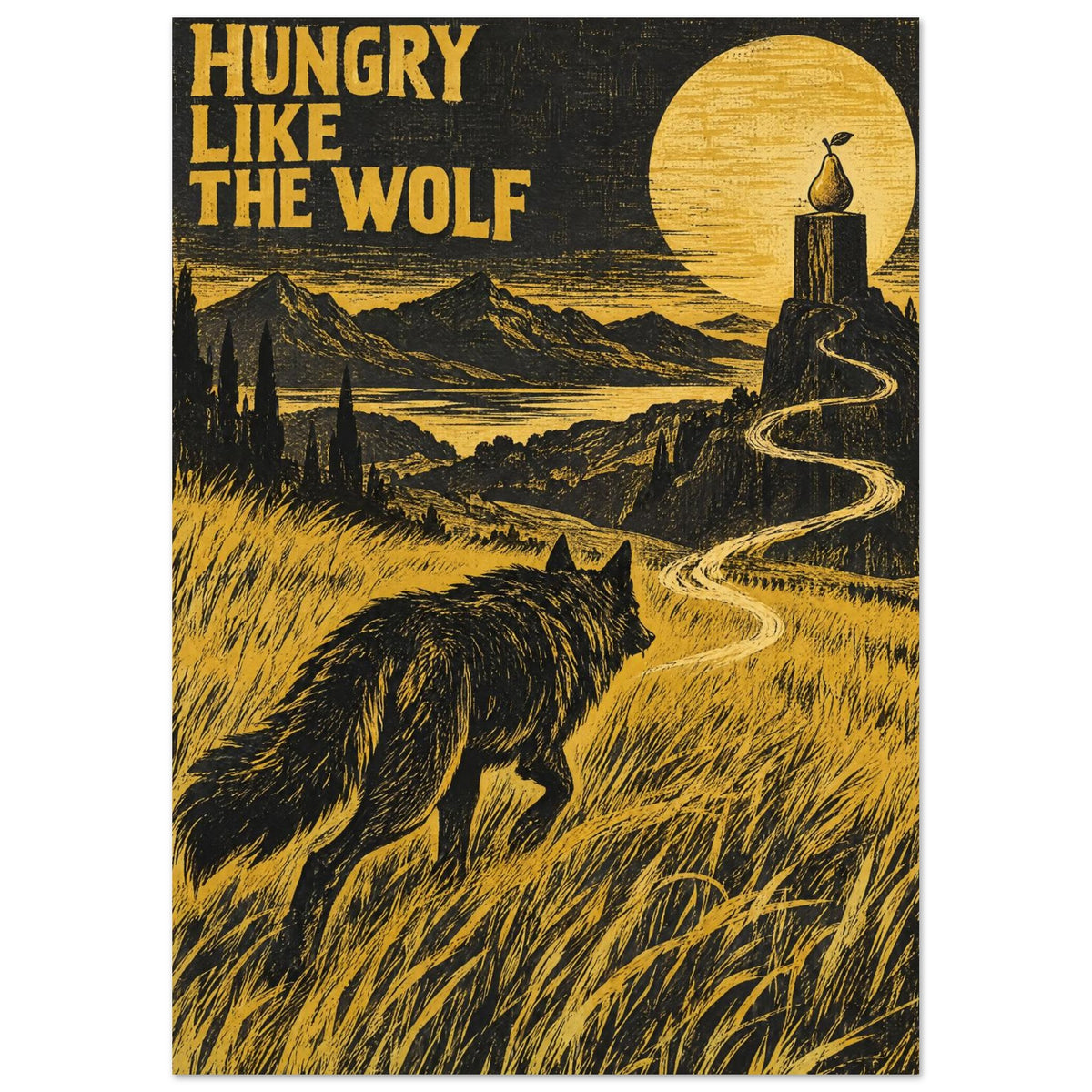 Wolf in black and yellow grass beneath “Hungry Like the Wolf” text, with a winding path leading to a pear on a pedestal.