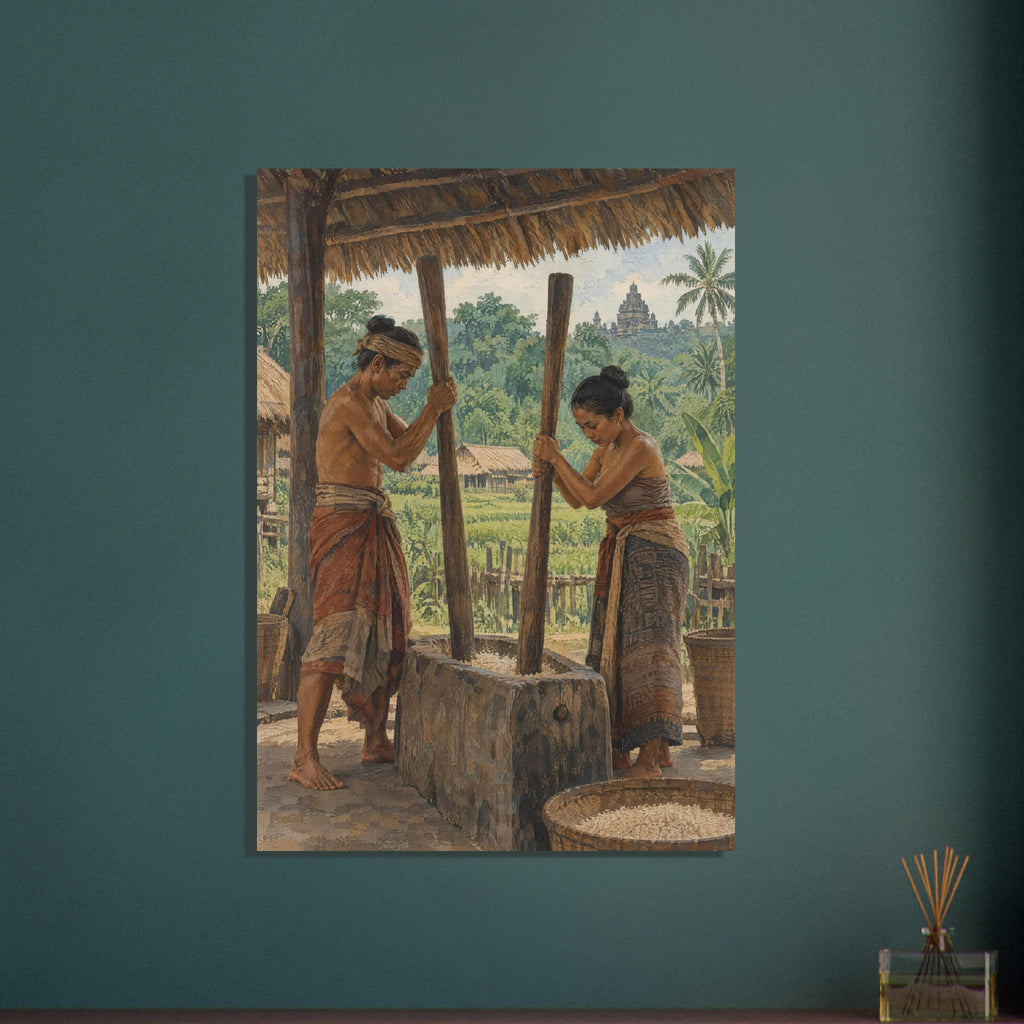 Two figures pounding grain in a wooden mortar beneath a thatched roof, with green fields and a distant temple behind.