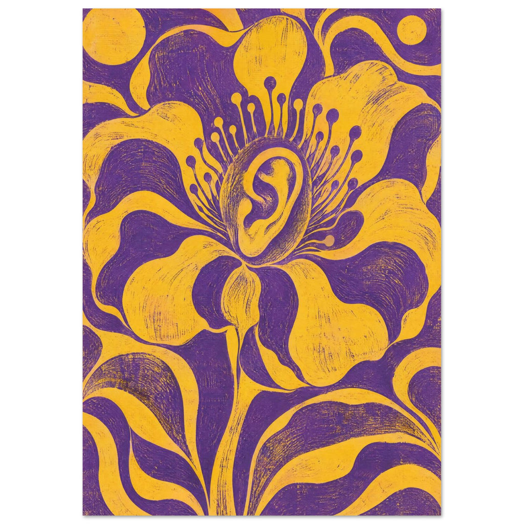 Yellow flower with a human ear at its centre, sweeping petals and curling leaves against a textured purple background.