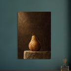 Pear on a Plinth, a single pear on rough stone against a dark brown background, its curved edge outlined by light.