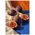 Three whole purple figs and two cut halves on cream fabric and a blue surface, with an orange background and textured brushwo