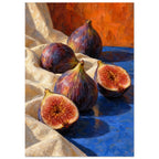 Three whole purple figs and two cut halves on cream fabric and a blue surface, with an orange background and textured brushwo
