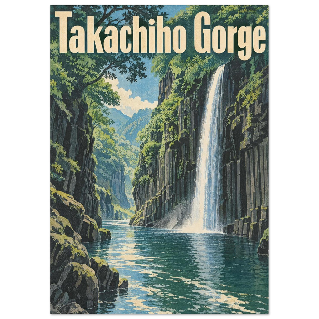 Takachiho Gorge travel poster with cream lettering, a tall waterfall, dark cliffs, green trees and teal water.