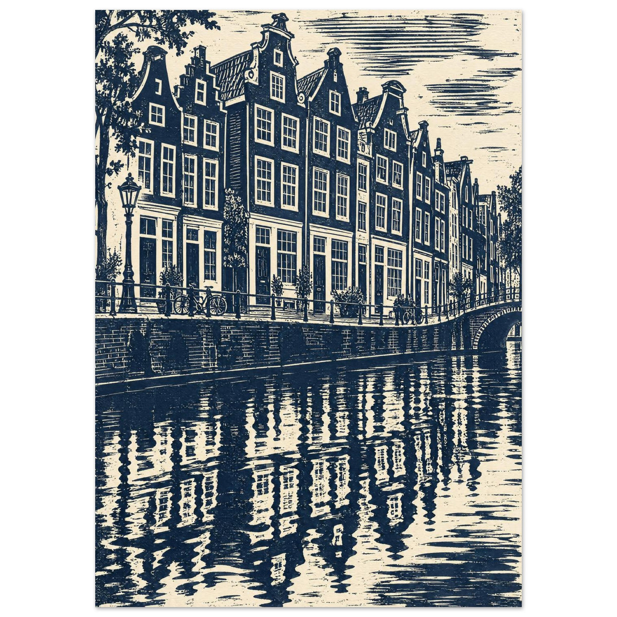 Gabled canal houses in navy and cream, with a street lamp, bicycles, an arched bridge and rippling reflections.