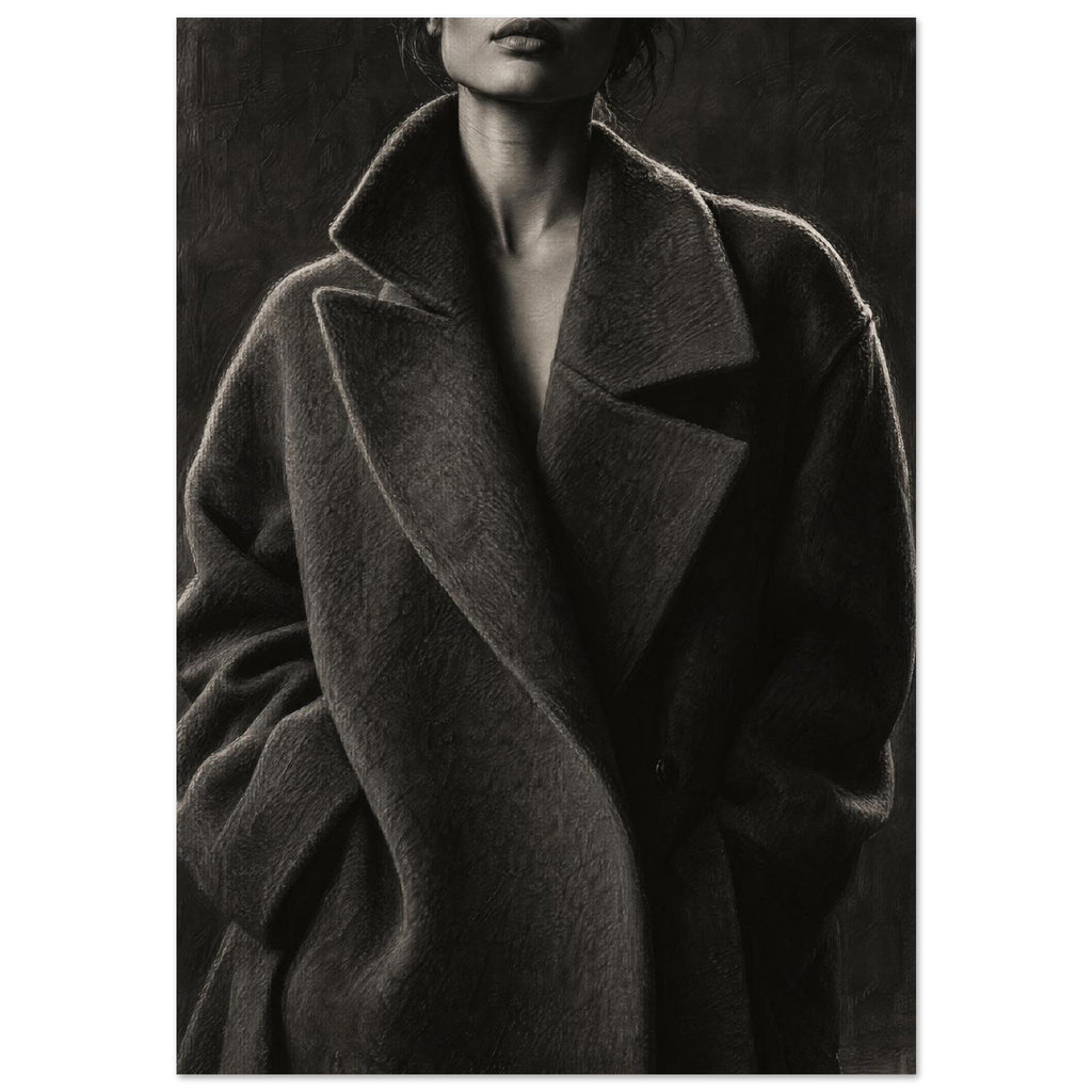 The Oversized Lapel, a chin-to-hip photograph of a model in a wool coat with a brightly outlined shoulder against charcoal sh