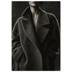 The Oversized Lapel, a chin-to-hip photograph of a model in a wool coat with a brightly outlined shoulder against charcoal sh