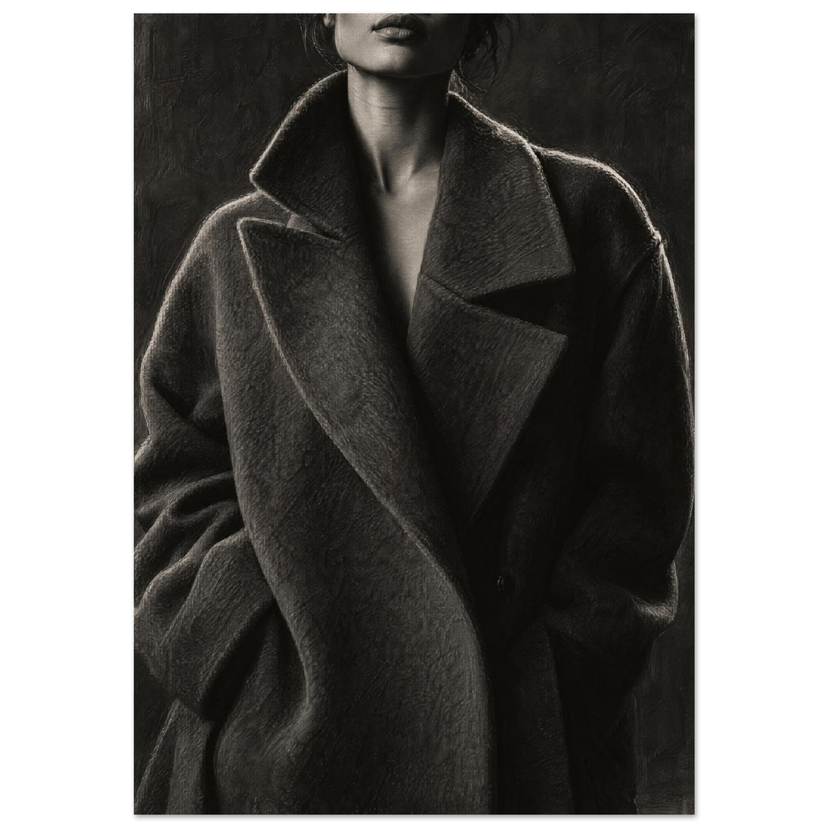 The Oversized Lapel, a chin-to-hip photograph of a model in a wool coat with a brightly outlined shoulder against charcoal sh