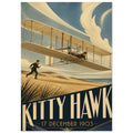 Biplane flying low over sandy dunes beside a running figure, with bold Kitty Hawk lettering and the date 17 December 1903.