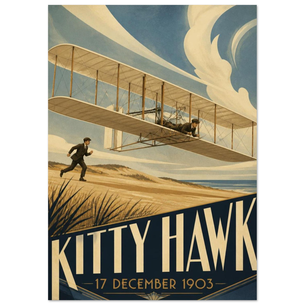 Biplane flying low over sandy dunes beside a running figure, with bold Kitty Hawk lettering and the date 17 December 1903.
