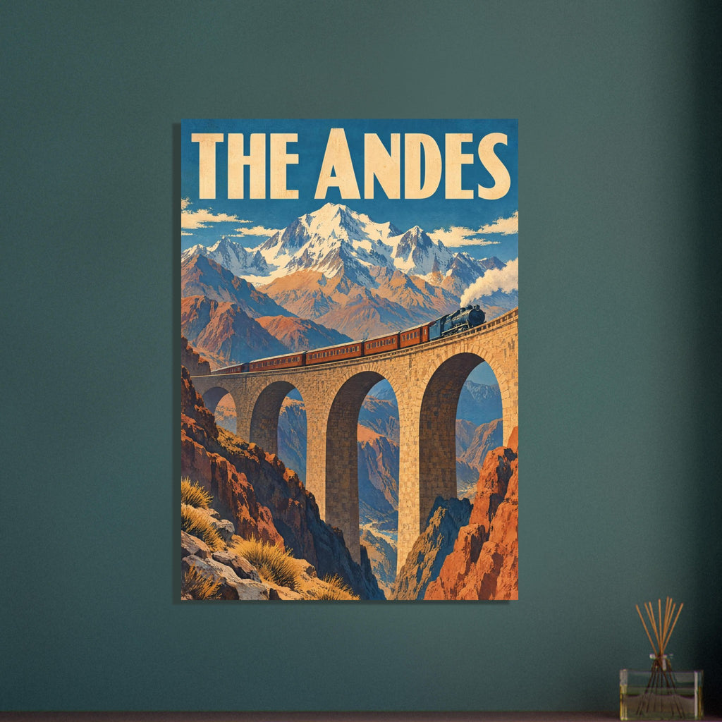 Steam train crossing a tall stone viaduct amid snowy mountains and orange cliffs, beneath large ‘THE ANDES’ lettering.