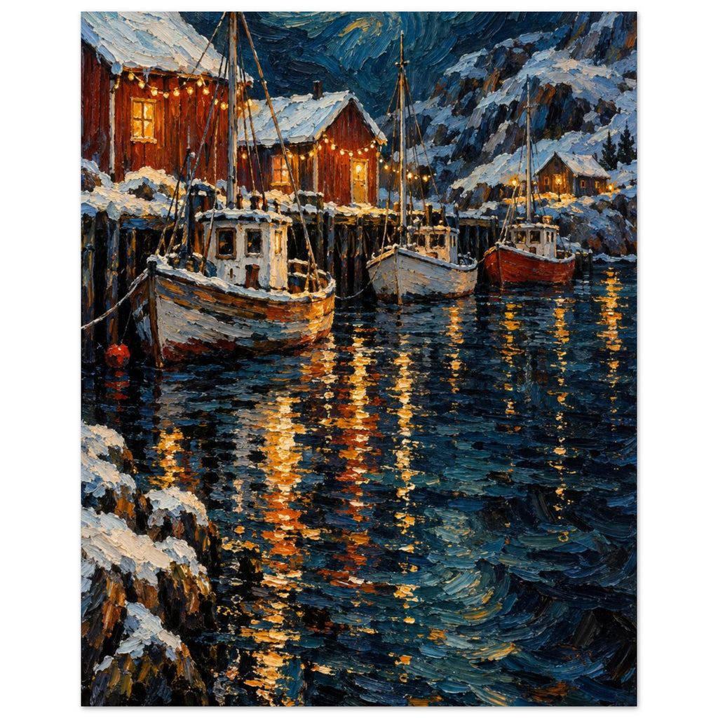 Christmas Eve Harbour shows three moored boats and snowy sheds beneath warm bulbs, with thick orange reflections across petro