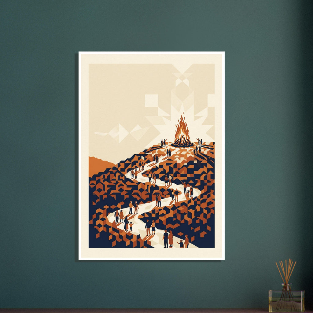 Figures follow a winding cream path up an orange and navy geometric hillside towards a tall bonfire beneath a pale sky.