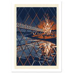 Riverside bonfire beside a bridge with small figures, reflected in angular navy, orange and cream shapes on the water.