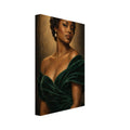 Woman with short curls and a pearl drop earring wearing a dark green velvet dress against a textured brown background.