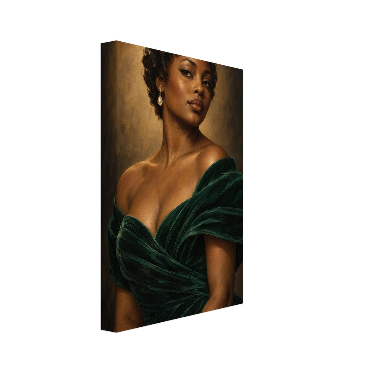 Woman with short curls and a pearl drop earring wearing a dark green velvet dress against a textured brown background.