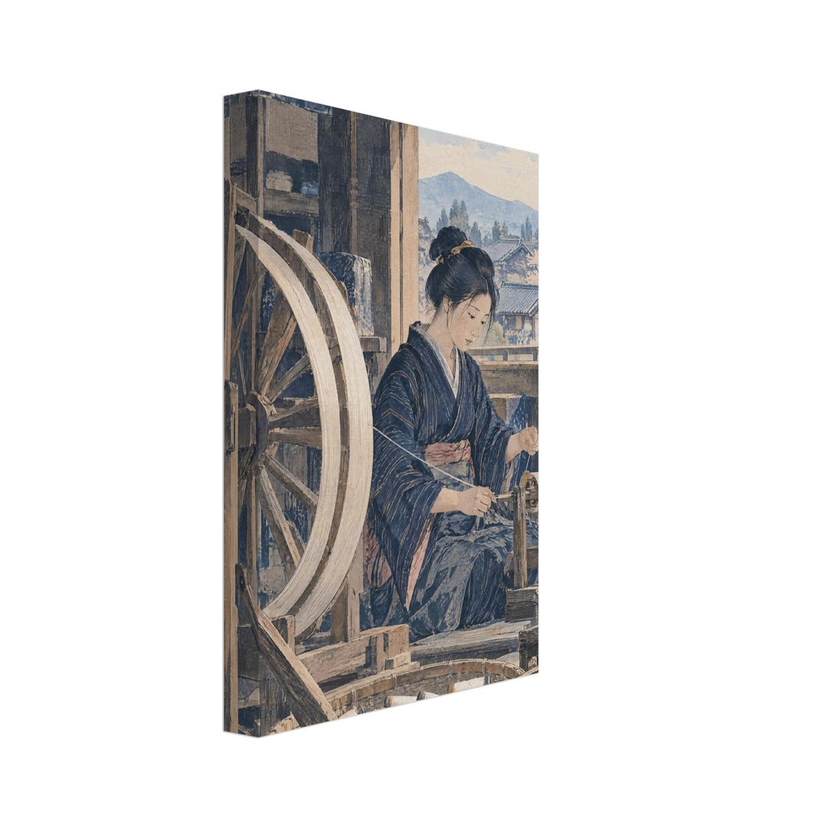Woman in a blue kimono winding thread beside a wooden wheel, with baskets of spools and a pagoda beyond the window