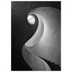 Spiral staircase viewed from below, with curved textured walls, dark steps and a bright opening in black and white.