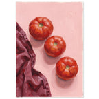 Three red tomatoes arranged diagonally on a pink surface beside a folded burgundy cloth, painted with broad brushstrokes.