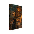 Pumpkin-headed scarecrow offering an apple at a candlelit table, with a black cat, dark bird and hanging bat decorations.