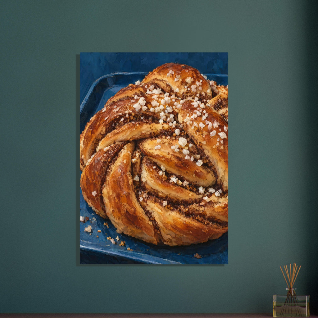 Twisted golden brown cinnamon bun topped with coarse white sugar on a deep blue tray, rendered with textured brushwork.