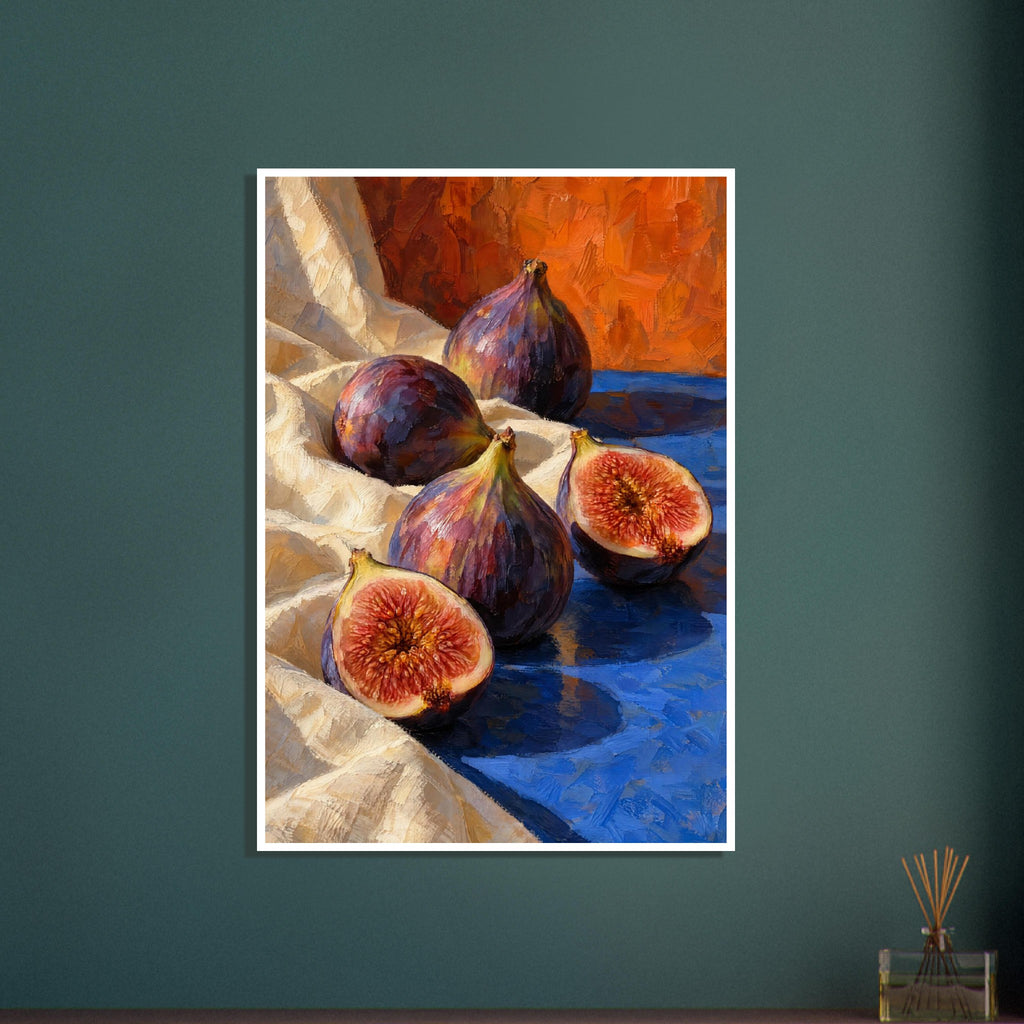 Three whole purple figs and two cut halves on cream fabric and a blue surface, with an orange background and textured brushwo