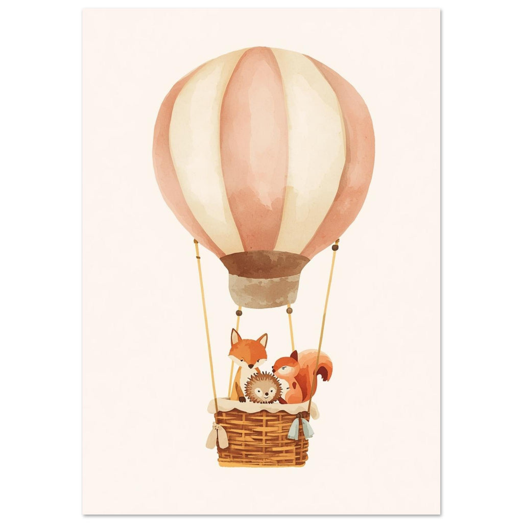 Peach and cream hot air balloon carrying a fox, hedgehog and squirrel in a woven basket against an ivory background.