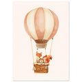 Peach and cream hot air balloon carrying a fox, hedgehog and squirrel in a woven basket against an ivory background.