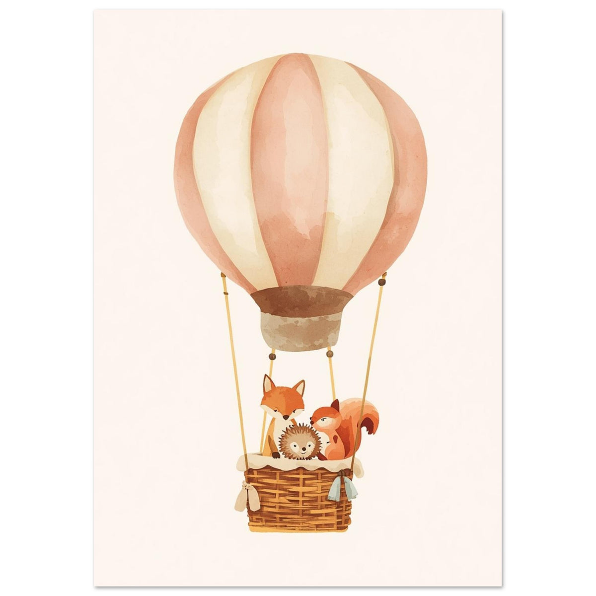 Peach and cream hot air balloon carrying a fox, hedgehog and squirrel in a woven basket against an ivory background.