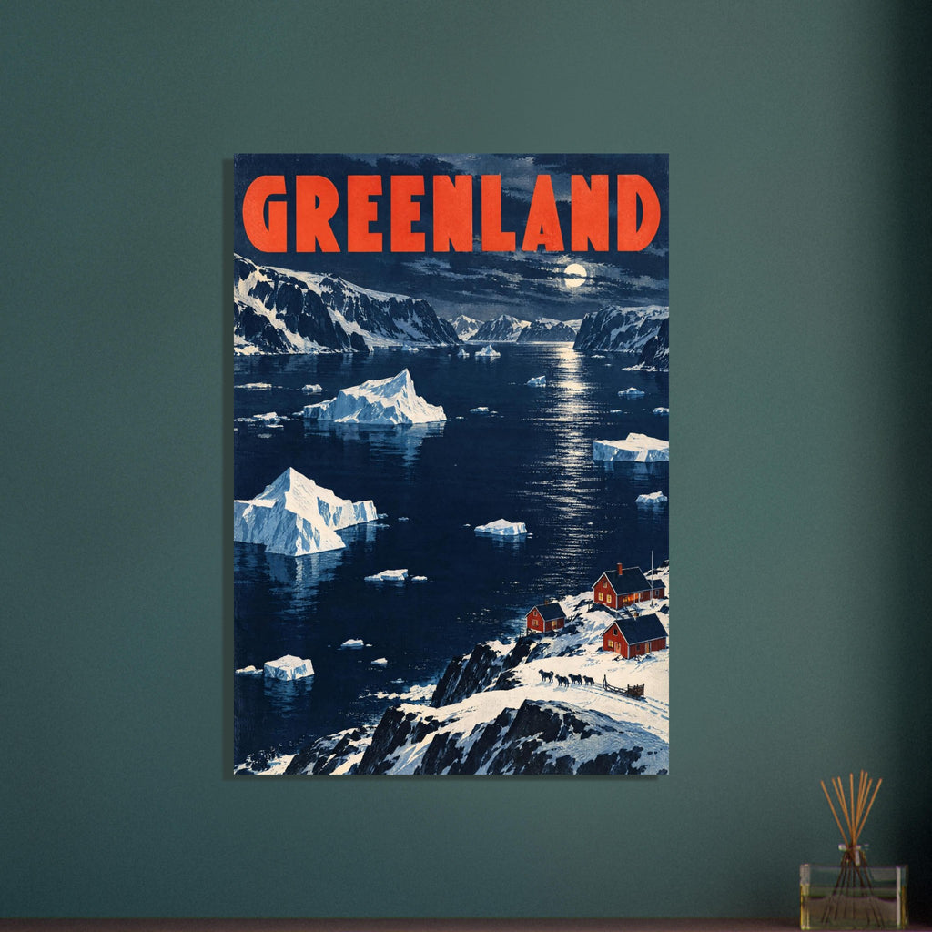 Greenland lettering above a moonlit blue fjord with icebergs, snowy mountains and red cabins on the shoreline.