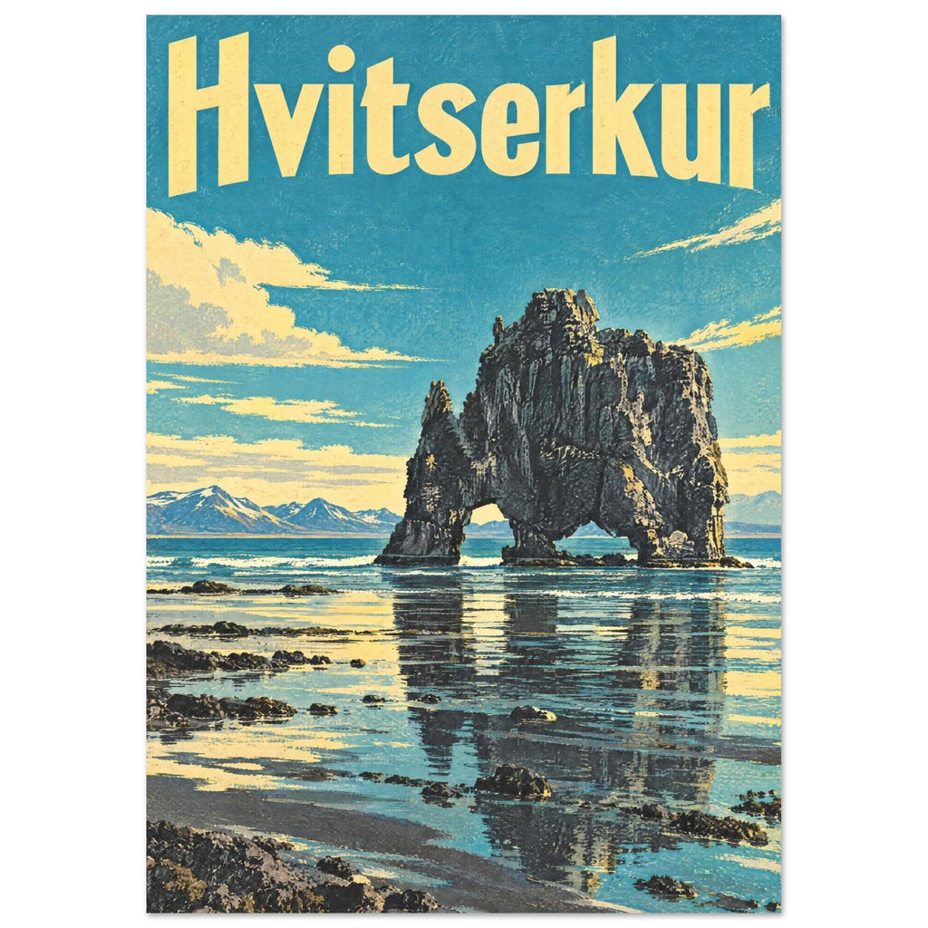 Hvitserkur lettering above a dark arched sea stack reflected in shallow water, with turquoise sky and yellow clouds.