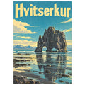 Hvitserkur lettering above a dark arched sea stack reflected in shallow water, with turquoise sky and yellow clouds.