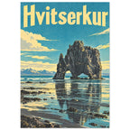 Hvitserkur lettering above a dark arched sea stack reflected in shallow water, with turquoise sky and yellow clouds.