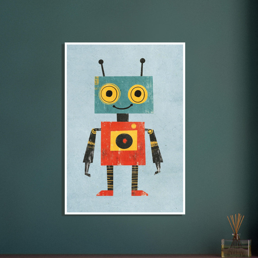 friendly robot art print for the nursery, soft painterly artwork on matte paper