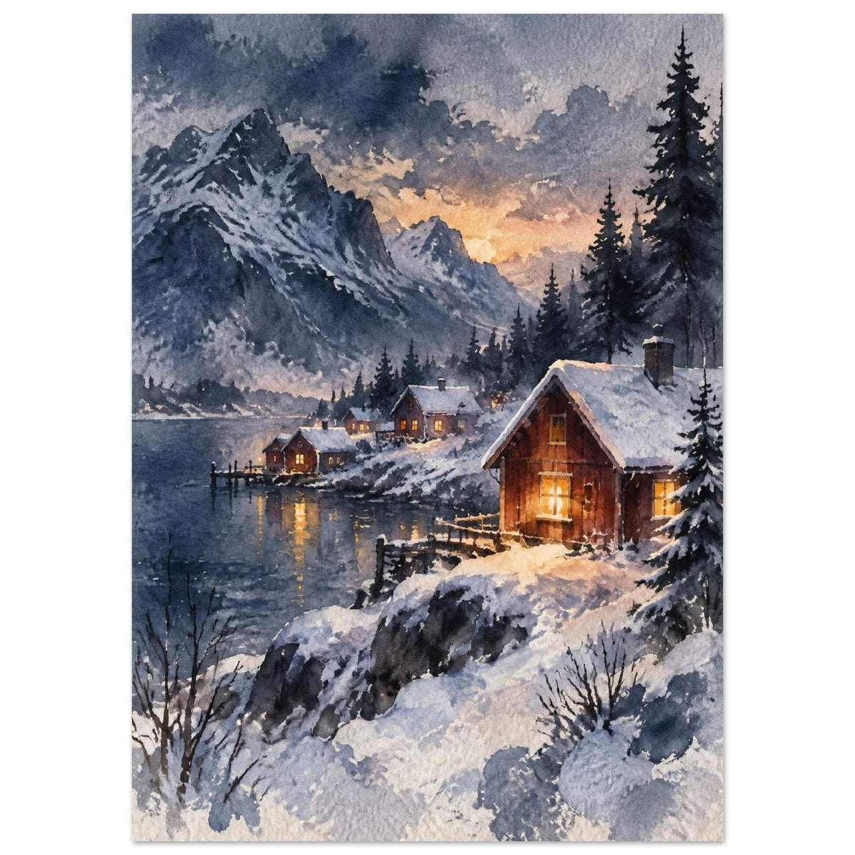 Watercolour snowy Nordic village at dusk with warm light in the cottage windows