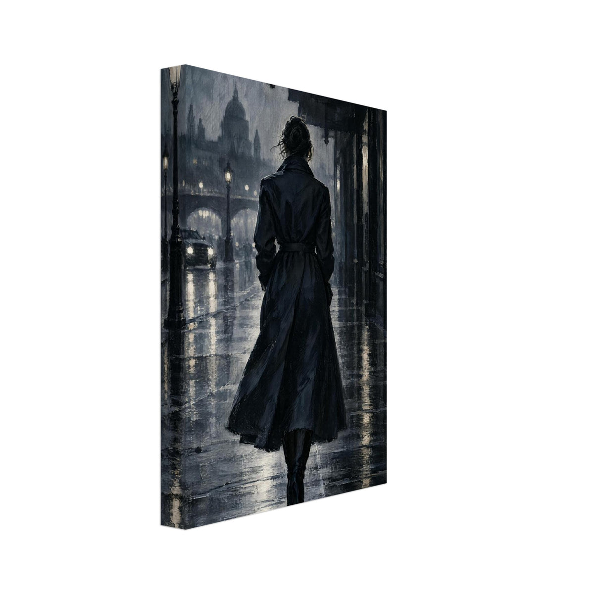 Raincoat at Midnight, a rear-view figure in a long raincoat under an awning, outlined above wet pavement in navy and charcoal