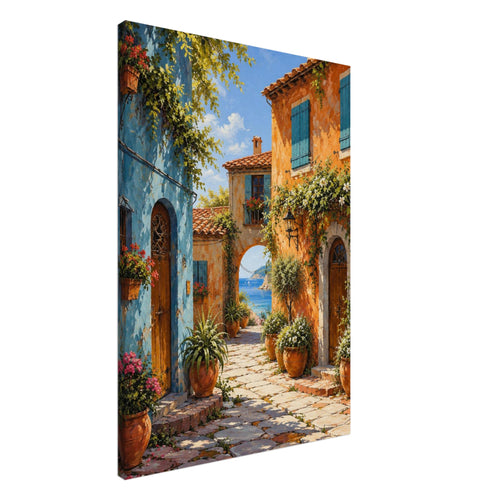 Coastal village lane between blue and orange houses, with teal shutters, flower pots and an archway overlooking the sea.