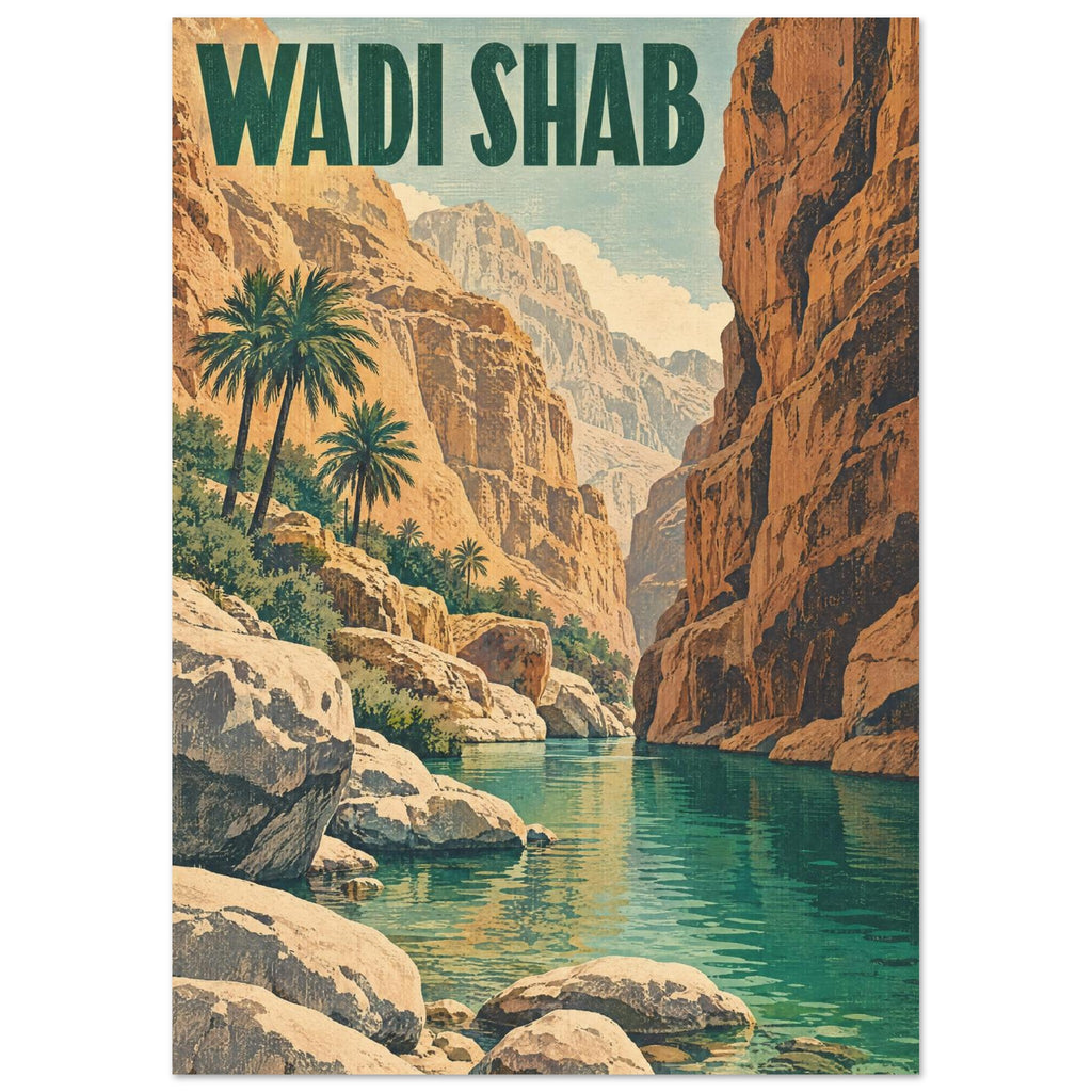 Wadi Shab canyon with ochre cliffs, palm trees and green water beneath bold lettering in a textured vintage travel poster.