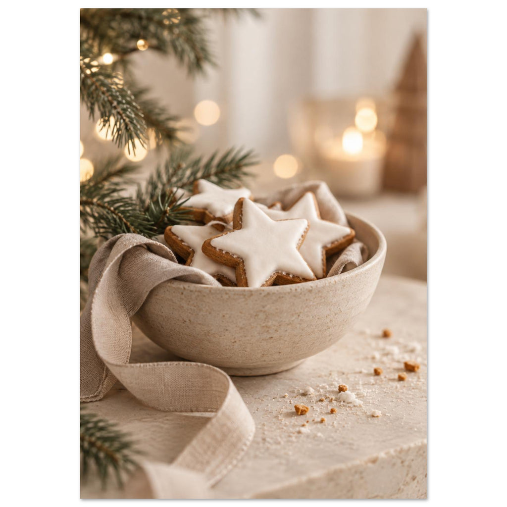 White-iced star biscuits in a linen-lined ceramic bowl, with evergreen branches, warm blurred lights and scattered crumbs.